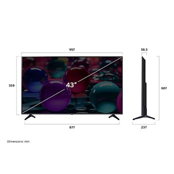 Vue avant et vue latérale du téléviseur smart 4K LG UHD AI UA70, illustrant ses dimensions en longueur, largeur, hauteur et profondeur.
