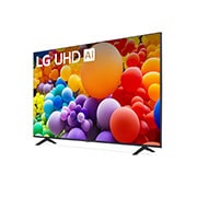 Vue latérale légèrement inclinée vers la gauche du téléviseur LG UHD, UT70