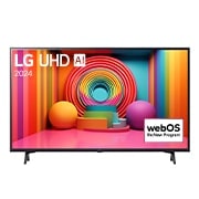 Vue avant du téléviseur LG UHD, UT75 avec le texte de LG UHD AI ThinQ, 2024, et le logo webOS Re:New Program à l'écran.