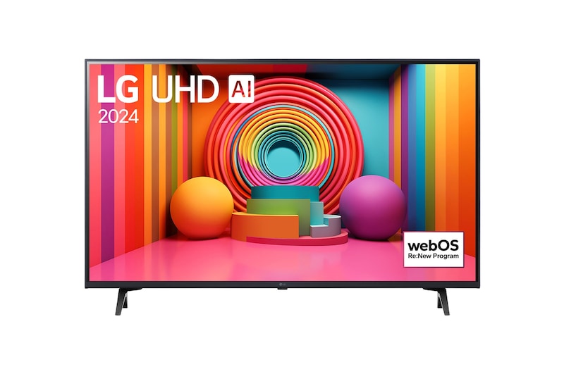 Vue avant du téléviseur LG UHD, UT75 avec le texte de LG UHD AI ThinQ, 2024, et le logo webOS Re:New Program à l'écran.