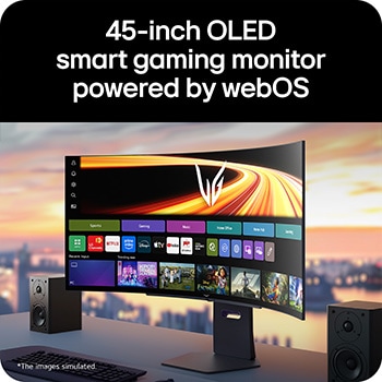 UltraGear™ GX9s OLED gaming monitor displaying the webOS interface on a curved screen, set on a desk with stereo speakers.