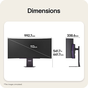 Front and side views of a gaming monitor illustrating its overall dimensions and profile design.