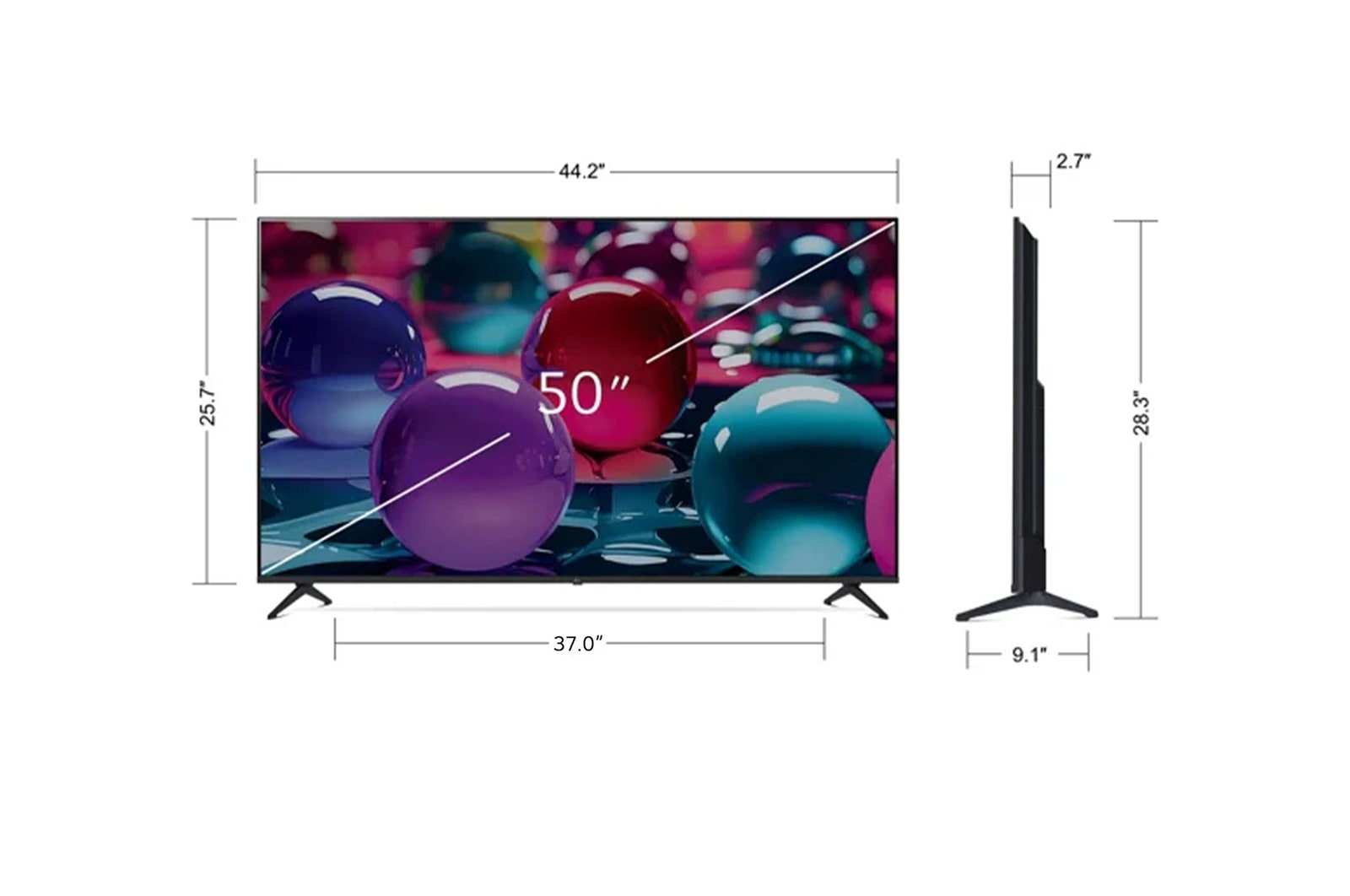 Vue avant et vue latérale du téléviseur smart 4K LG UHD AI UA70, illustrant ses dimensions en longueur, largeur, hauteur et profondeur.