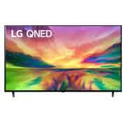 Une vue avant du téléviseur QNED de LG avec image insérée et logo de produit