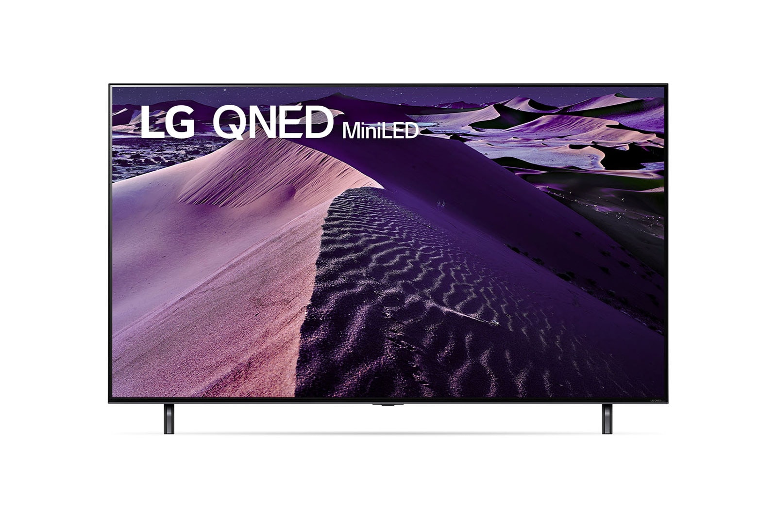 Une vue avant du téléviseur QNED de LG avec image insérée et logo de produit