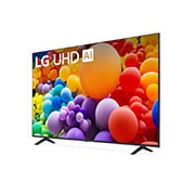 Vue latérale légèrement inclinée vers la gauche du téléviseur LG UHD, UT70