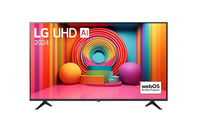 Vue avant du téléviseur LG UHD, UT75 avec le texte de LG UHD AI ThinQ, 2024, et le logo webOS Re:New Program à l'écran.