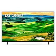 Une vue avant du téléviseur QNED de LG avec image insérée et logo de produit