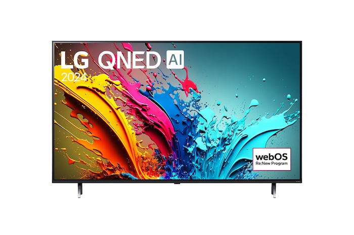 Vue avant du téléviseur intelligent 4K LG QNED AI QNED85 de 65 pouces 2024 modèle 65QNED85TUA, affichant le logo du programme webOS Re:New à l’écran avec socle à 2 pôles.