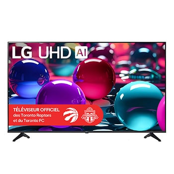 Vue avant du téléviseur UHD UA70, avec le logo LG UHD AI dans le coin supérieur. LG UHD TV présente des textures colorées rappelant une peinture en mouvement.