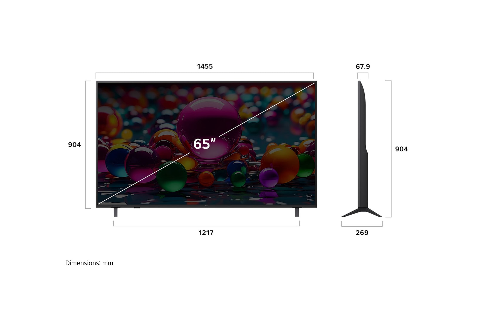 Vue avant et vue latérale du téléviseur smart 4K LG UHD AI UA77, illustrant ses dimensions en longueur, largeur, hauteur et profondeur.