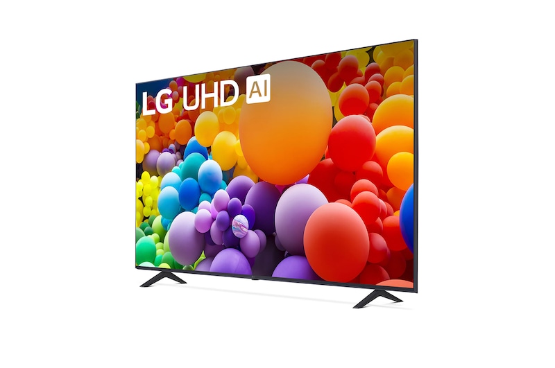 Vue latérale légèrement inclinée vers la gauche du téléviseur LG UHD, UT70