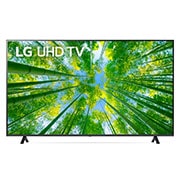 Une vue avant du téléviseur UHD de LG avec image insérée et logo de produit