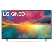 Une vue avant du téléviseur QNED de LG avec image insérée et logo de produit