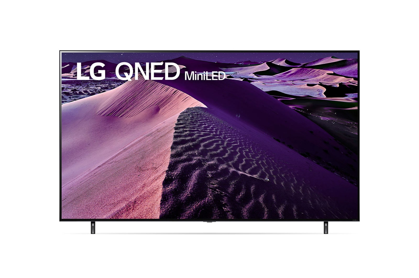 Une vue avant du téléviseur QNED de LG avec image insérée et logo de produit