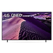 Une vue avant du téléviseur QNED de LG avec image insérée et logo de produit