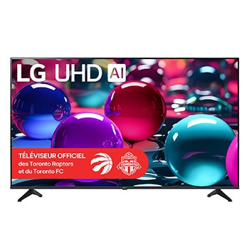 Vue avant du téléviseur UHD UA70, avec le logo LG UHD AI dans le coin supérieur. LG UHD TV présente des textures colorées rappelant une peinture en mouvement.