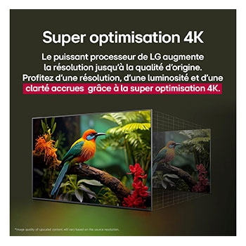 Comparaison avant/après de l’amélioration de la qualité d’image grâce au Super Upscaling 4K de LG. Deux panneaux montrant la même image d’un oiseau coloré assis sur une branche dans une forêt, le panneau de droite est estompé. Le titre explique comment le Super Upscaling 4K améliore la résolution, la luminosité et la clarté. 