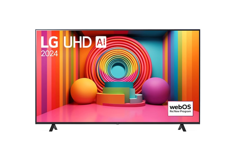 Vue avant du téléviseur LG UHD, UT75 avec le texte de LG UHD AI ThinQ, 2024, et le logo webOS Re:New Program à l'écran.