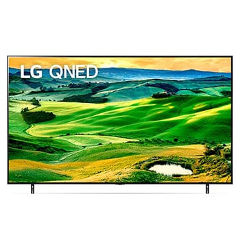 Une vue avant du téléviseur QNED de LG avec image insérée et logo de produit