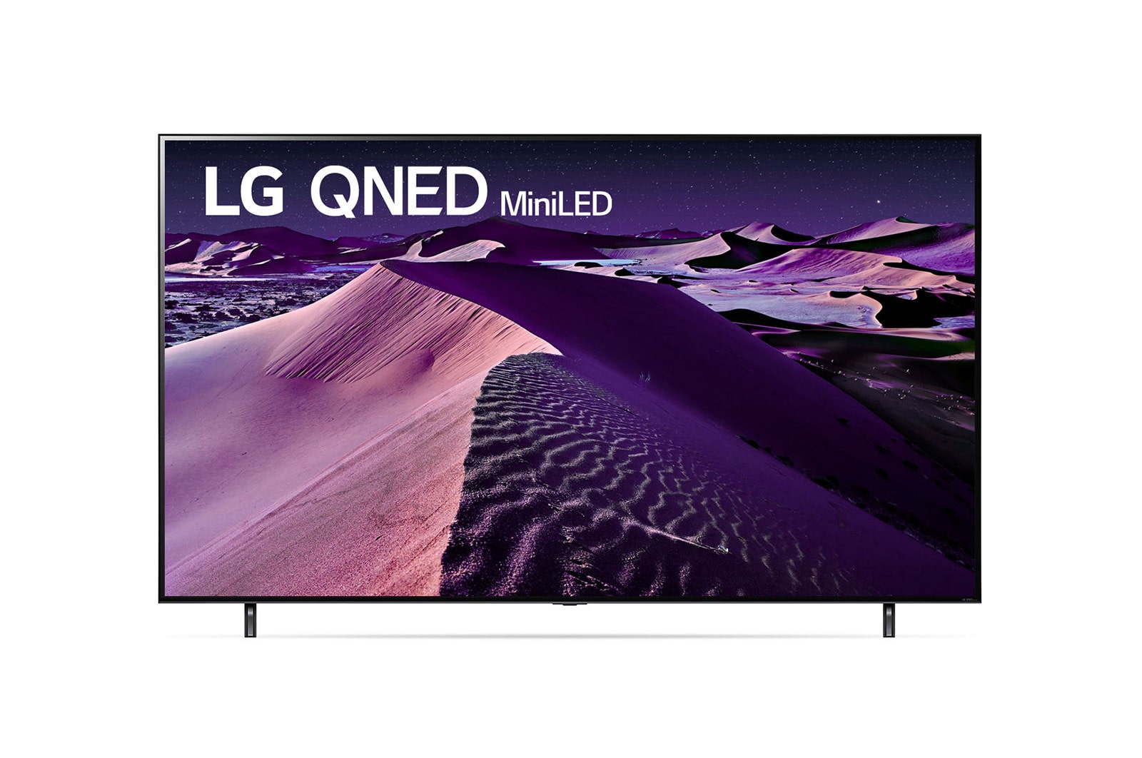 Une vue avant du téléviseur QNED de LG avec image insérée et logo de produit