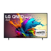Vue de face du téléviseur QNED MiniDEL de LG, modèle QNED90, avec la mention LG QNED, 2024 et le logo webOS Re:New Program affichés à l’écran