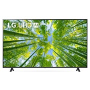 Une vue avant du téléviseur UHD de LG avec image insérée et logo de produit