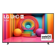 Vue avant du téléviseur LG UHD, UT75 avec le texte de LG UHD AI ThinQ, 2024, et le logo webOS Re:New Program à l'écran.