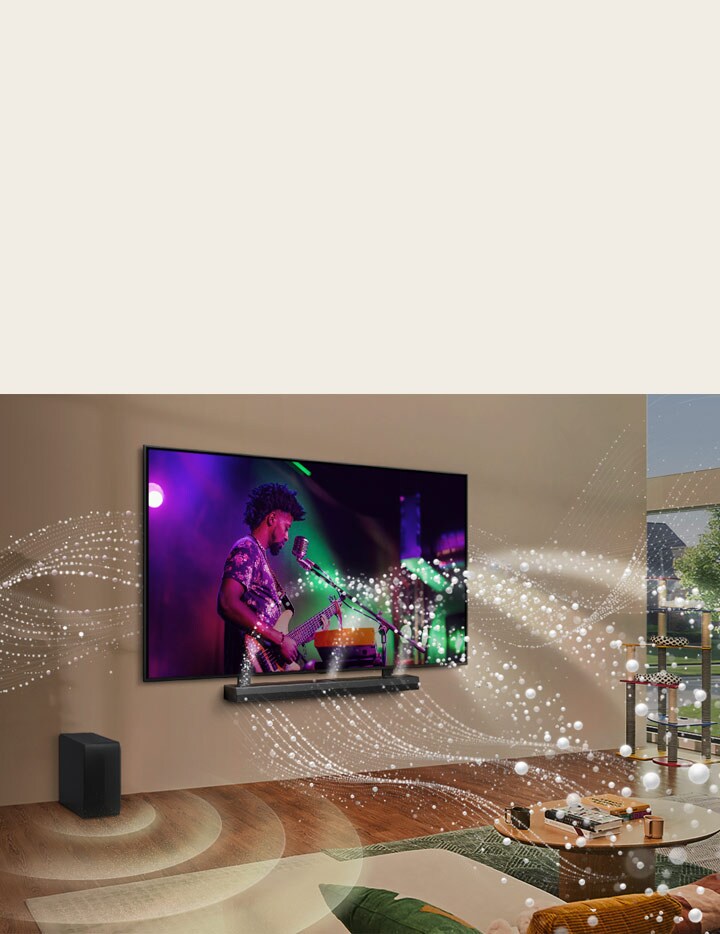 Le téléviseur de LG et la barre de son de LG sont fixés au mur dans un salon, et des graphiques lumineux sont affichés dans toute la pièce.