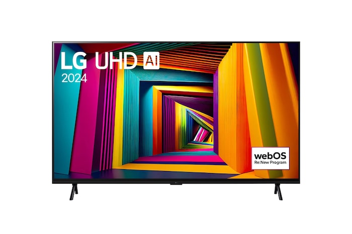 Vue avant du téléviseur LG UHD, UT80 avec le texte de LG UHD AI ThinQ, 2024, et le logo webOS Re:New Program à l'écran.