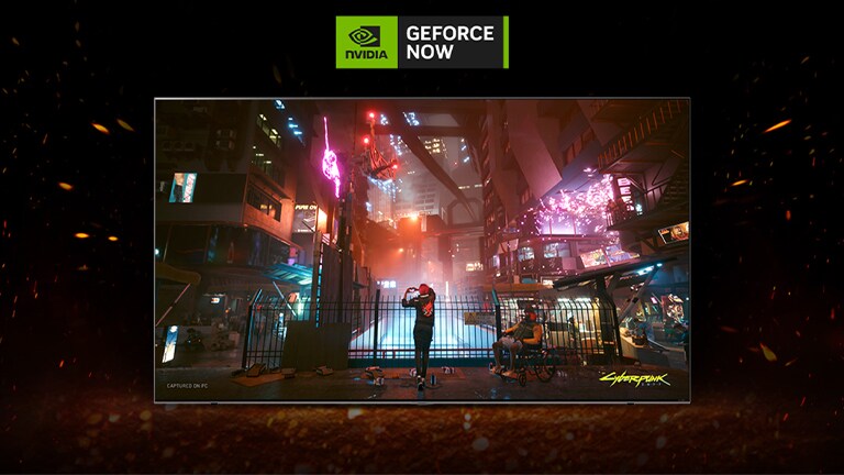 Image montrant GeForce NOW sur le téléviseur UHD de LG, qui présente des émissions et des jeux.