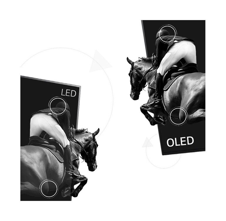 Une scène d’équitation sur un écran à DEL avec un mauvais contraste et l’autre moitié sur un écran OLED avec contraste infini (lire le vidéo)
