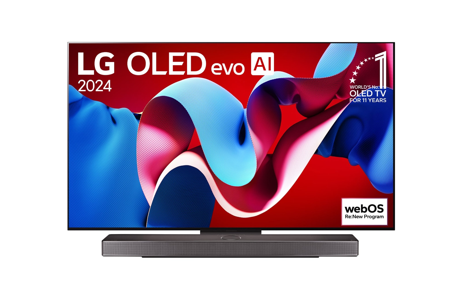 Vue de face du téléviseur OLED evo de LG, OLED C4, emblème de la marque de téléviseurs OLED la plus populaire au monde depuis 11 ans et logo du programme webOS Re:New affichés à l'écran avec la barre de son en dessous.