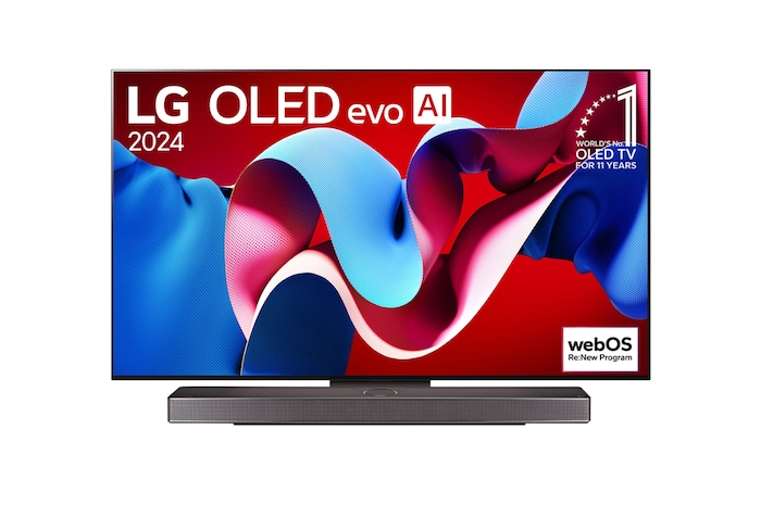 Vue avant du téléviseur intelligent 4K LG OLED evo C4 de 55 pouces, modèle OLED55C4PUA, affichant l’emblème OLED numéro 1 mondial depuis 11 ans et le logo du programme webOS Re:New à l’écran.