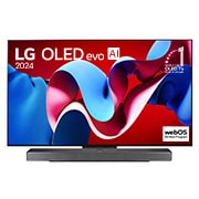 Vue de face du téléviseur OLED evo de LG, OLED C4, emblème de la marque de téléviseurs OLED la plus populaire au monde depuis 11 ans et logo du programme webOS Re:New affichés à l'écran avec la barre de son en dessous.