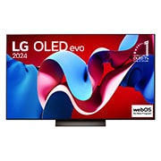 Vue de face du téléviseur OLED evo de LG, OLED C4, emblème de la marque de téléviseurs OLED la plus populaire au monde depuis 11 ans et logo du programme webOS Re:New afichés à l'écran