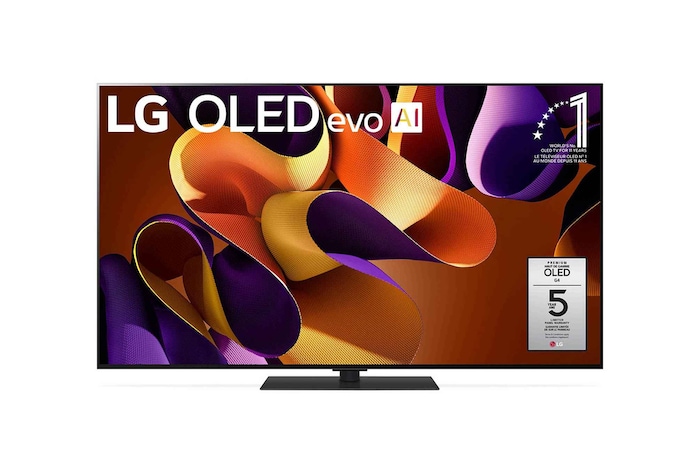 Vue avant du téléviseur intelligent 4K LG OLED evo AI G4 de 55 pouces 2024 modèle OLED55G4SUB, affichant emblème de la marque de téléviseurs OLED la plus populaire au monde depuis 11 ans et logo de la garantie de cinq ans du panneau à l'écran