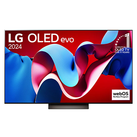 Vue de face du téléviseur OLED evo de LG, OLED C4, emblème de la marque de téléviseurs OLED la plus populaire au monde depuis 11 ans et logo du programme webOS Re:New affichés à l'écran avec la barre de son en dessous.