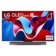 Vue de face du téléviseur OLED evo de LG, OLED C4, emblème de la marque de téléviseurs OLED la plus populaire au monde depuis 11 ans et logo du programme webOS Re:New affichés à l'écran avec la barre de son en dessous.