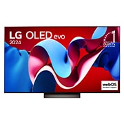 Vue de face du téléviseur OLED evo de LG, OLED C4, emblème de la marque de téléviseurs OLED la plus populaire au monde depuis 11 ans et logo du programme webOS Re:New afichés à l'écran