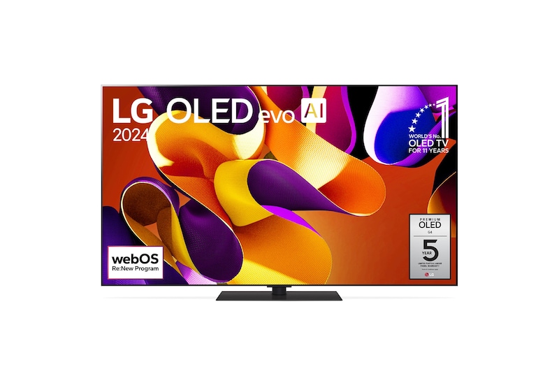 Vue avant du téléviseur intelligent 4K LG OLED evo AI G4 de 65 pouces 2024 modèle OLED65G4SUB, affichant emblème de la marque de téléviseurs OLED la plus populaire au monde depuis 11 ans, logo de la garantie de cinq ans du panneau à l'écran et le logo du programme webOS Re:New à l’écran.