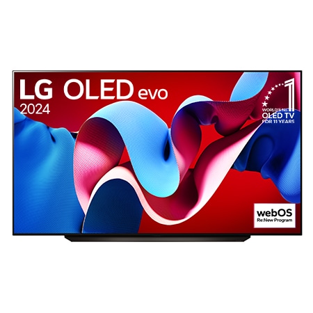 Vue de face du téléviseur OLED evo de LG, OLED C4, emblème de la marque de téléviseurs OLED la plus populaire au monde depuis 11 ans et logo du programme webOS Re:New affichés à l'écran