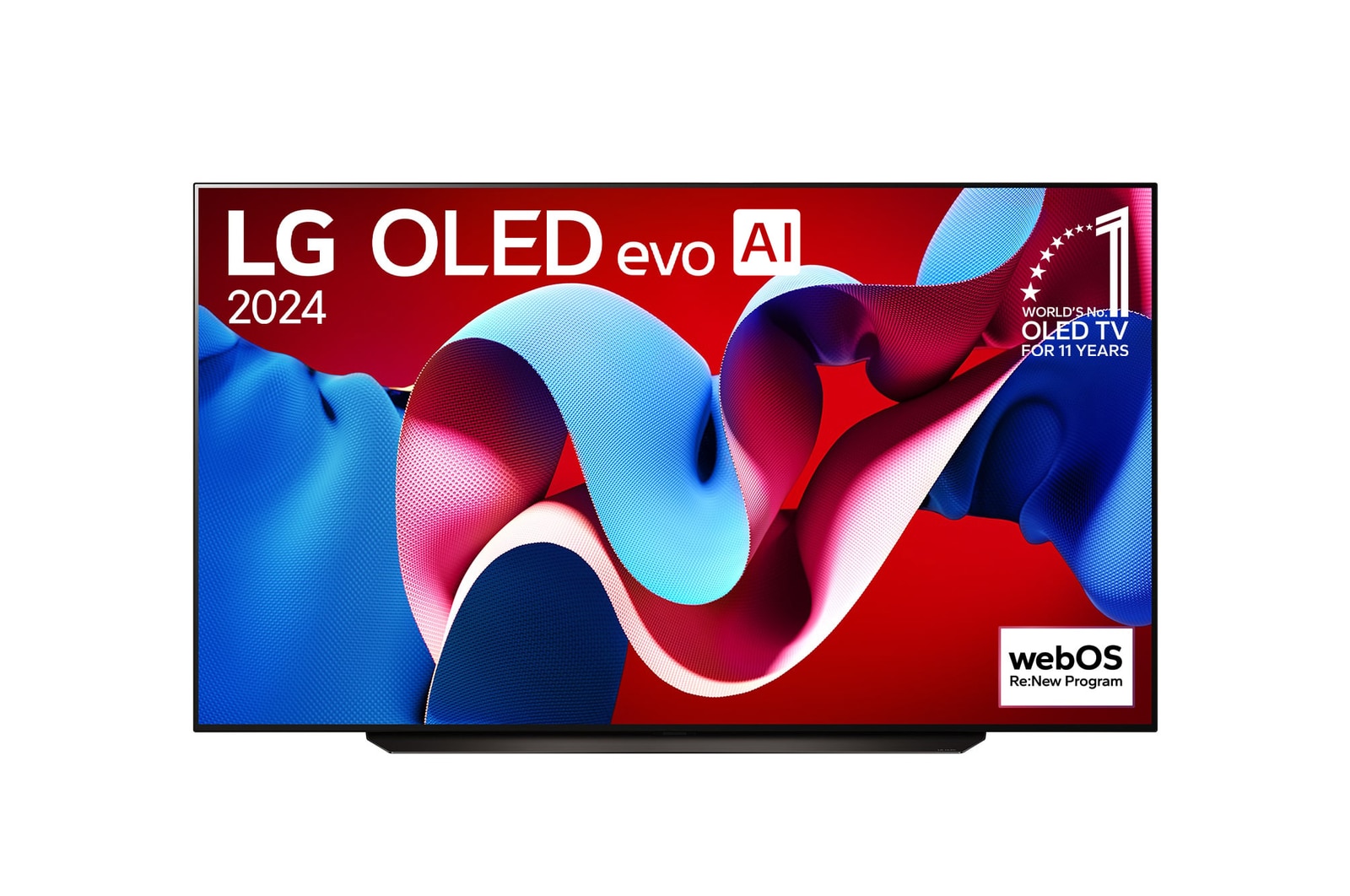 Vue de face du téléviseur OLED evo de LG, OLED C4, emblème de la marque de téléviseurs OLED la plus populaire au monde depuis 11 ans et logo du programme webOS Re:New affichés à l'écran