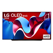 Vue de face du téléviseur OLED evo de LG, OLED C4, emblème de la marque de téléviseurs OLED la plus populaire au monde depuis 11 ans et logo du programme webOS Re:New affichés à l'écran