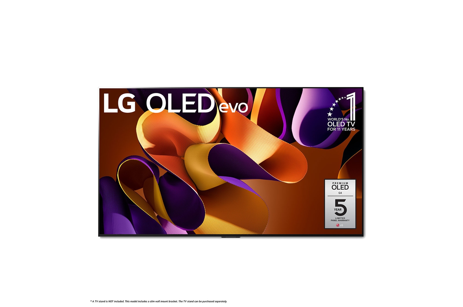 Vue de face du téléviseur OLED evo de LG, OLED G4, emblème de la marque de téléviseurs OLED la plus populaire au monde depuis 11 ans et logo de la garantie de cinq ans du panneau affichés à l'écran