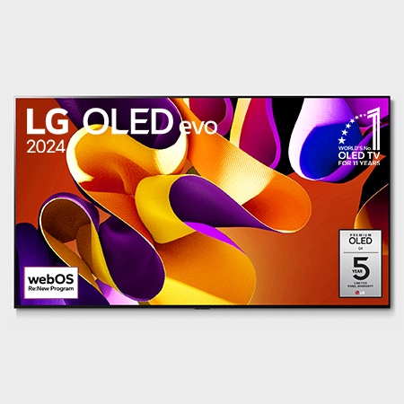 Vue de face du téléviseur OLED evo de LG, OLED G4, emblème de la marque de téléviseurs OLED la plus populaire au monde depuis 11 ans et logo de la garantie de cinq ans du panneau affichés à l'écran
