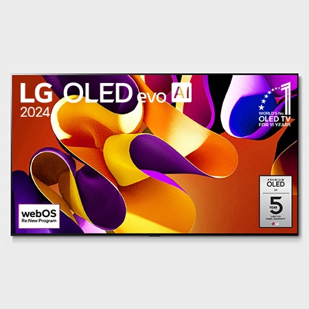 Vue de face du téléviseur OLED evo de LG, OLED G4, emblème de la marque de téléviseurs OLED la plus populaire au monde depuis 11 ans et logo de la garantie de cinq ans du panneau affichés à l'écran