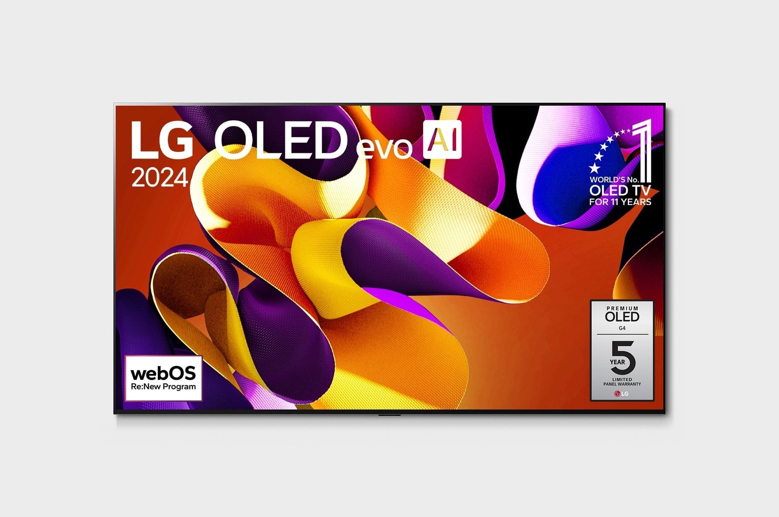 Vue de face du téléviseur OLED evo de LG, OLED G4, emblème de la marque de téléviseurs OLED la plus populaire au monde depuis 11 ans et logo de la garantie de cinq ans du panneau affichés à l'écran