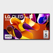 Vue de face du téléviseur OLED evo de LG, OLED G4, emblème de la marque de téléviseurs OLED la plus populaire au monde depuis 11 ans et logo de la garantie de cinq ans du panneau affichés à l'écran