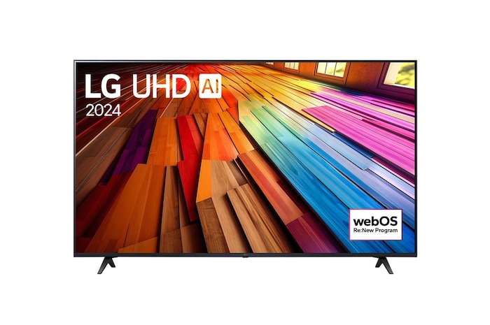 Vue avant du téléviseur LG UHD, UT80 avec le texte de LG UHD AI ThinQ, 2024, et le logo webOS Re:New Program à l'écran.